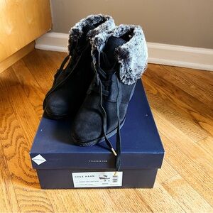 Cole Haan Black Suede Ankle Waterproof Wedge Boots with Faux Fur